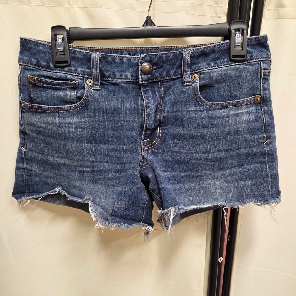 American Eagle Shortie Denim Shorts Womens 10 Medium Wash Super Stretch Cutoff